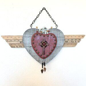 Red Flaming Heart LARGE - recycled art - assemblage art - Signed by artist